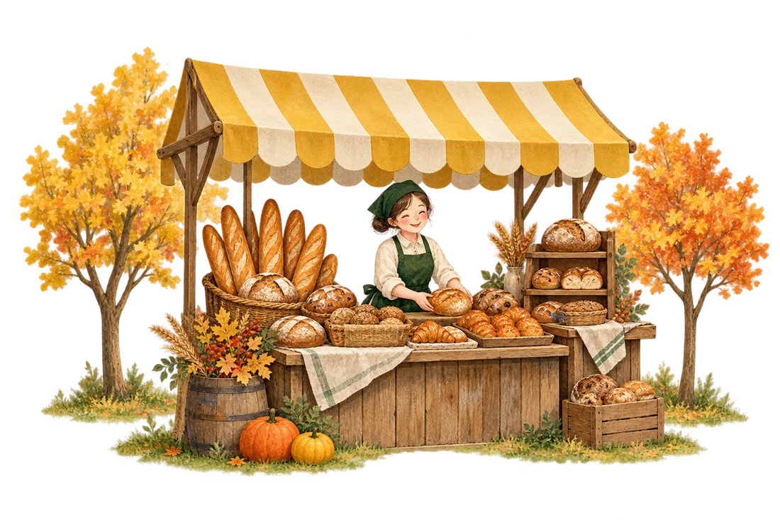 秋の木々に囲まれた、小さなパンの屋台のイラスト